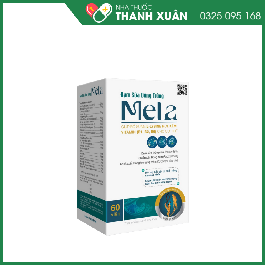Đạm Sữa Đông Trùng Mela giúp bổ sung L-lysine HCl, kẽm và một số vitamin (B1, B2, B6) cho cơ thể
